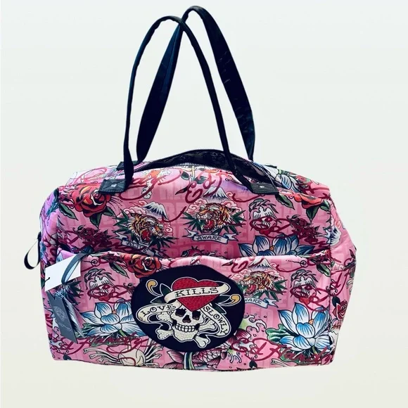 💚🌼NWT Ed Hardy "Love Kills Slowly" pink tattoo flash duffle bag. Weekender bag - Picture 5 of 14